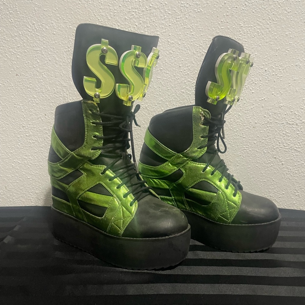 Jeffrey Campbell Black & Green Dollar Sign $$$ Platform Wedge Boots Size 7.